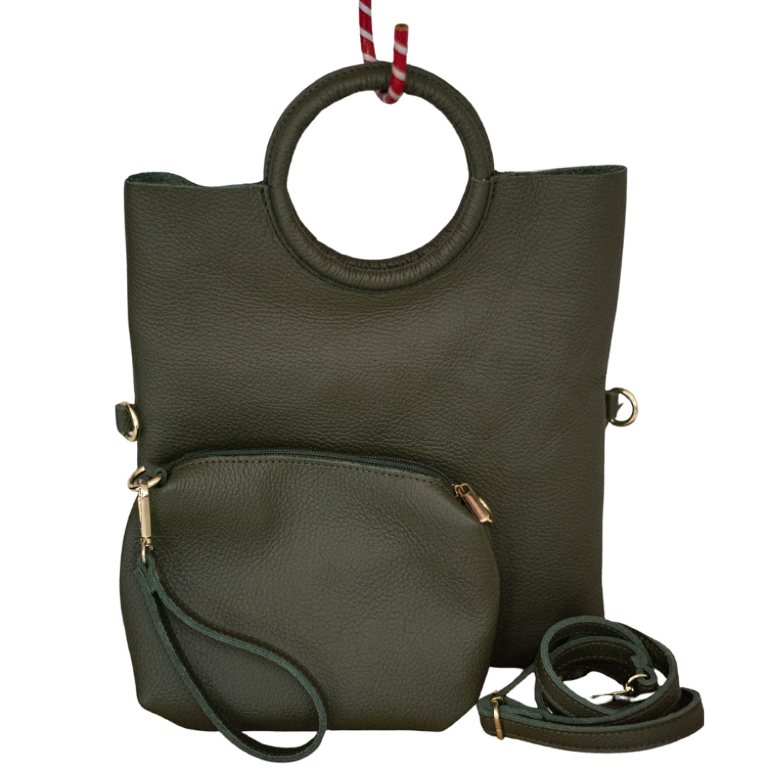 Borsa Manico Cerchio e Pochette Vera Pelle - Verde Militare