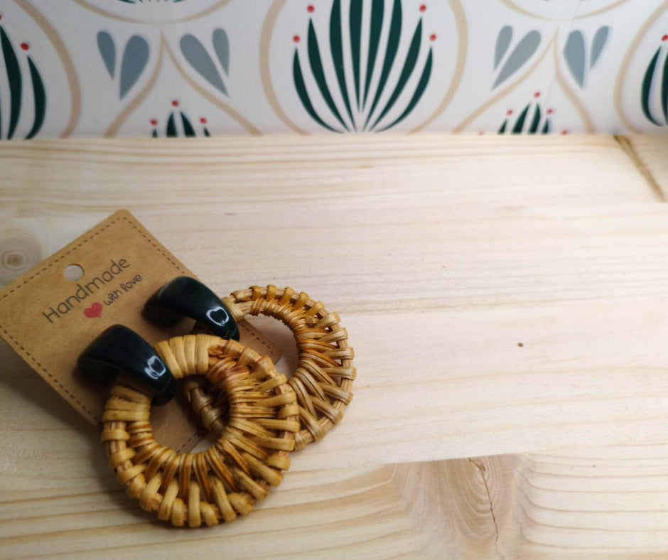 Orecchini in Rattan - Rotondi Inserto Verde