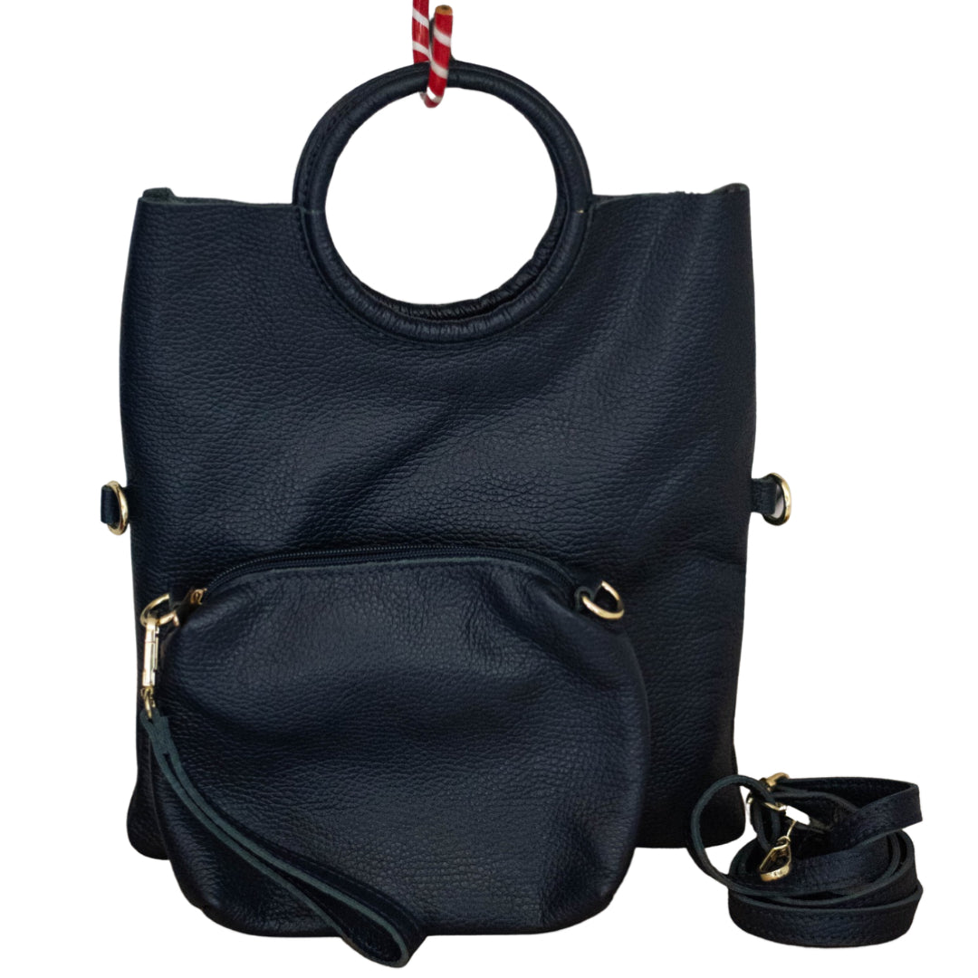 Borsa Manico Cerchio e Pochette Vera Pelle - Blu Notte