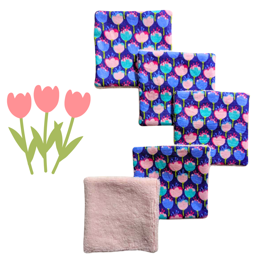 Set 5 Dischetti Struccanti Riutilizzabili Handmade - Tulipani Rosa e Viola